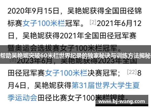 帮助吴艳妮突破60米栏世界纪录的独家秘诀与训练方法揭秘